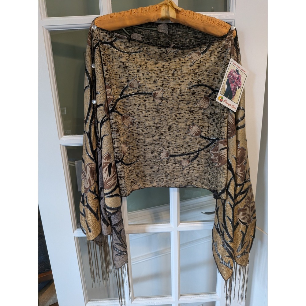 Pineapple Moon Gold Burnout Mesh Floral Fringe Multi Way Shawl Shrug Poncho NWT